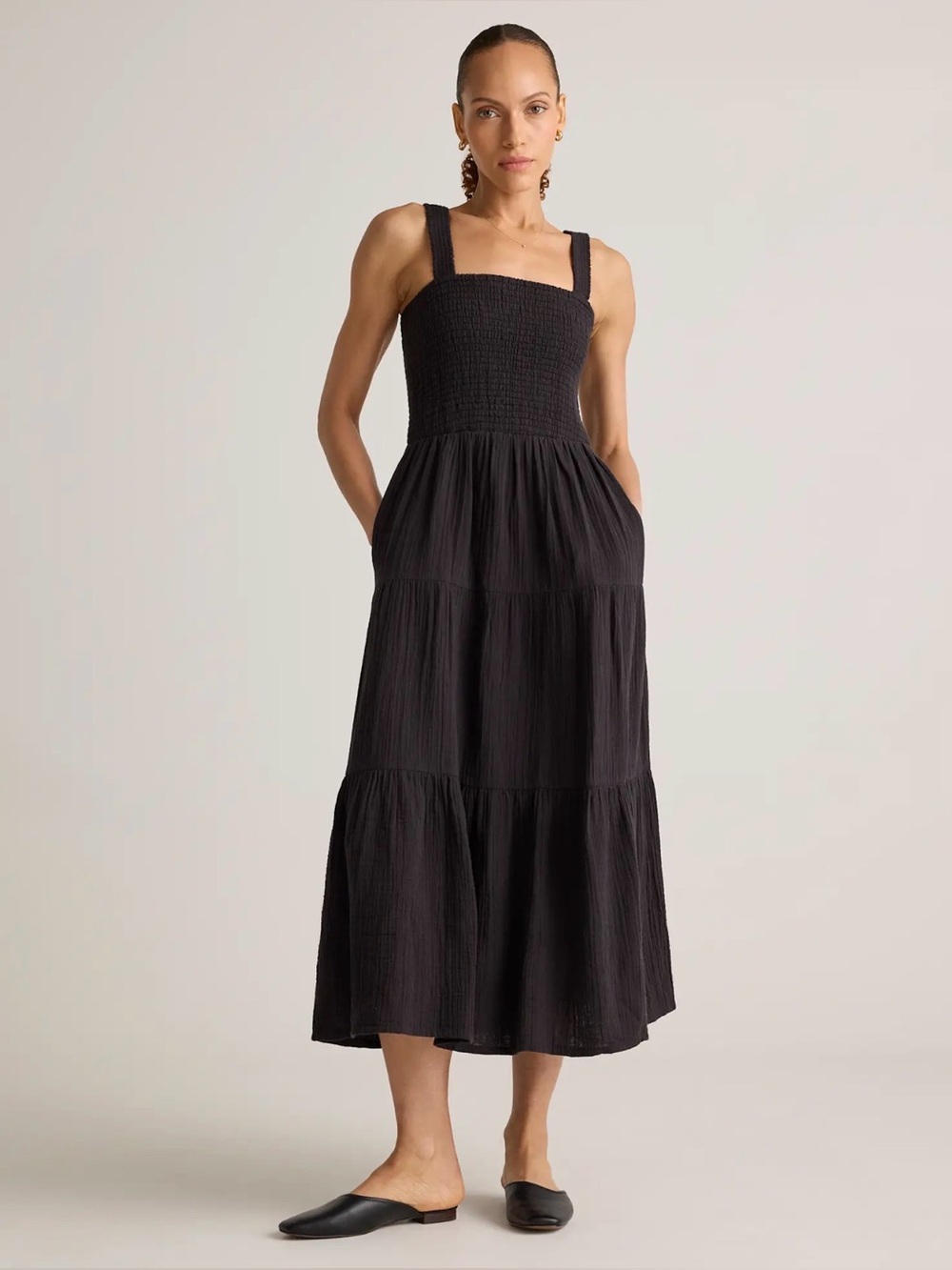 100% Organic Cotton Gauze Smocked Square-Neck Tiered Midi Dress - Black